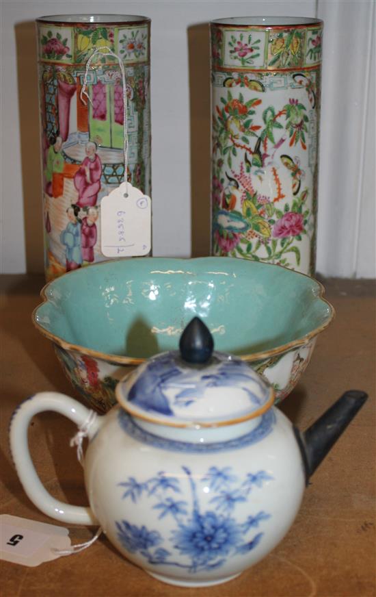 Pair of Canton famille rose spill vases, a similar shaped bowl and a blue and white teapot (faults)